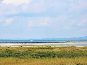 A coastal landscape with a sandy beach, grassy dunes, and a rocky breakwater. - 5 Star Holiday Home in Ebeltoft (Ebeltoft)