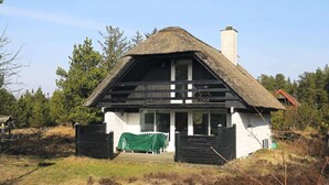 A traditional thatched-roof house with a white exterior, a chimney, and a covered entrance.
