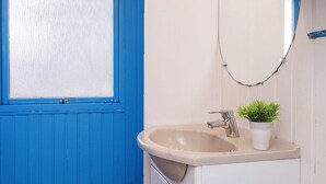 A bathroom with a blue door, a sink with a plant, and a towel rack.
