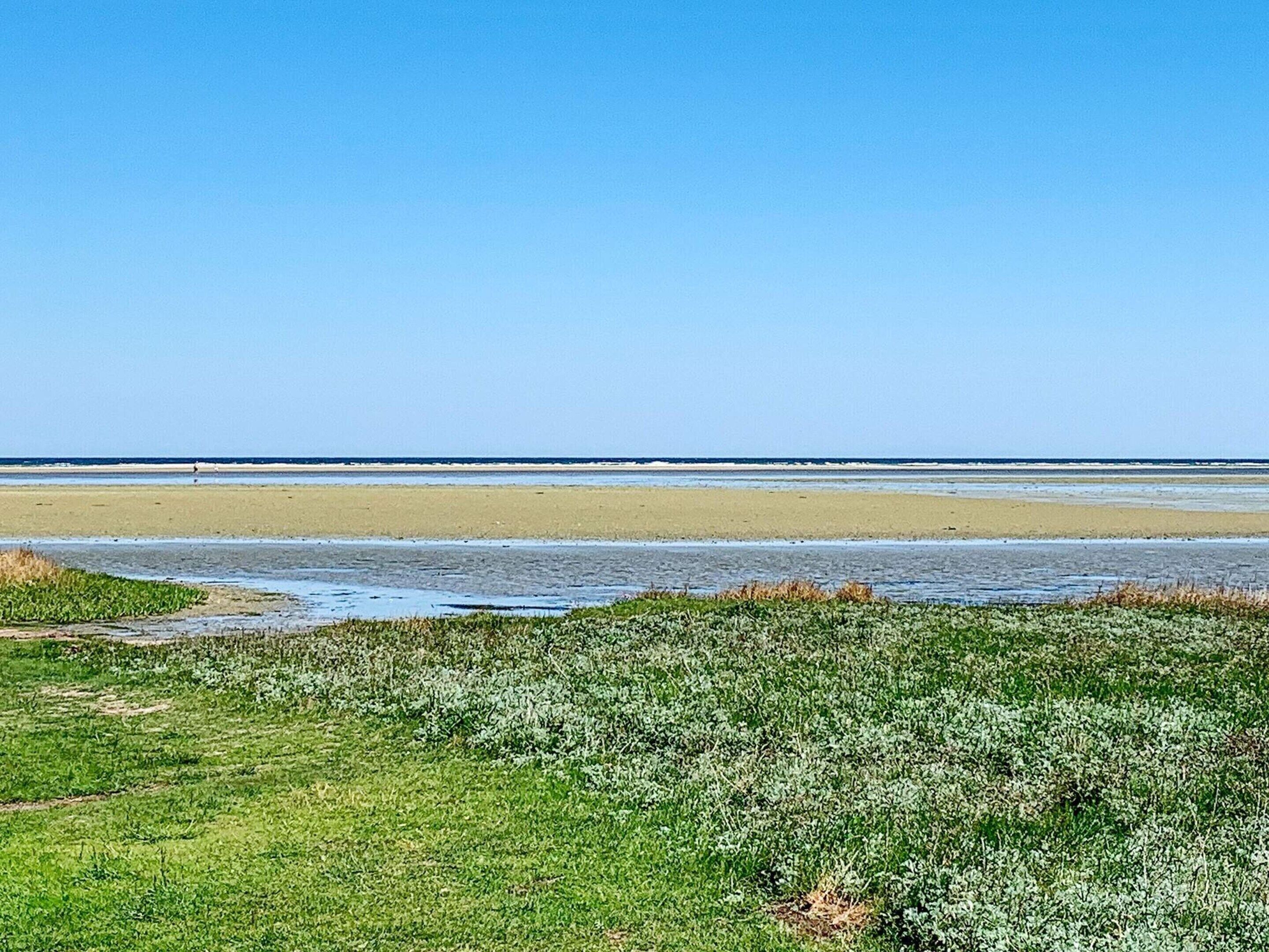 A coastal landscape with a clear sky, a sandy beach, and a grassy foreground.