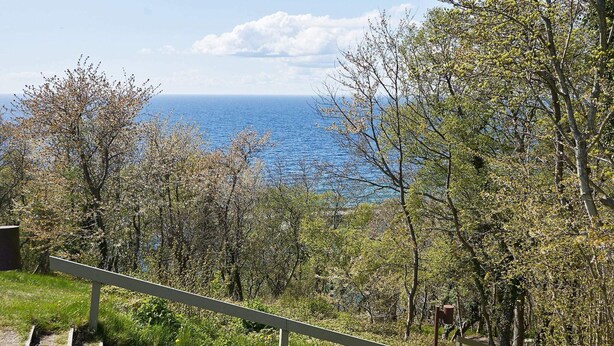 A staircase leading to a scenic overlook with a view of the sea.