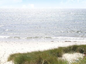 A beach with a sandy shore and grass in the foreground. - 5 Star Holiday Home in Aakirkeby (Akirkeby)