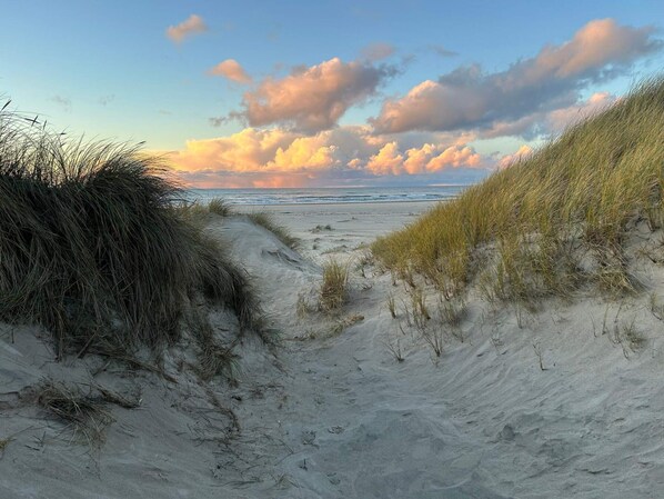 A sandy beach path leading to the ocean with dunes on either side.