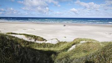 A beach with sand dunes and a vehicle on the sand.