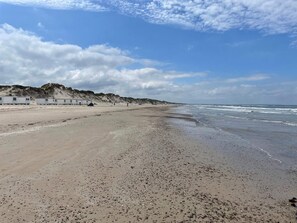 A beach with a row of white cabins, a sandy shore, and a clear sky. - 5 Star Holiday Home in Blokhus (Blokhus)