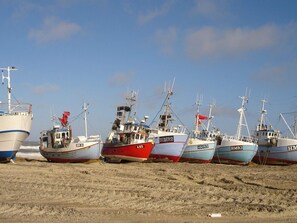 A row of fishing boats docked on a sandy beach.