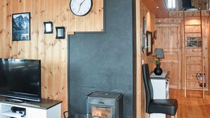 A cozy living room with a TV, a fireplace, and wooden walls. - Holiday Home in Selje (Stad)