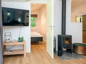 A modern interior with a bed, a television, a fireplace, and a small table with plants.