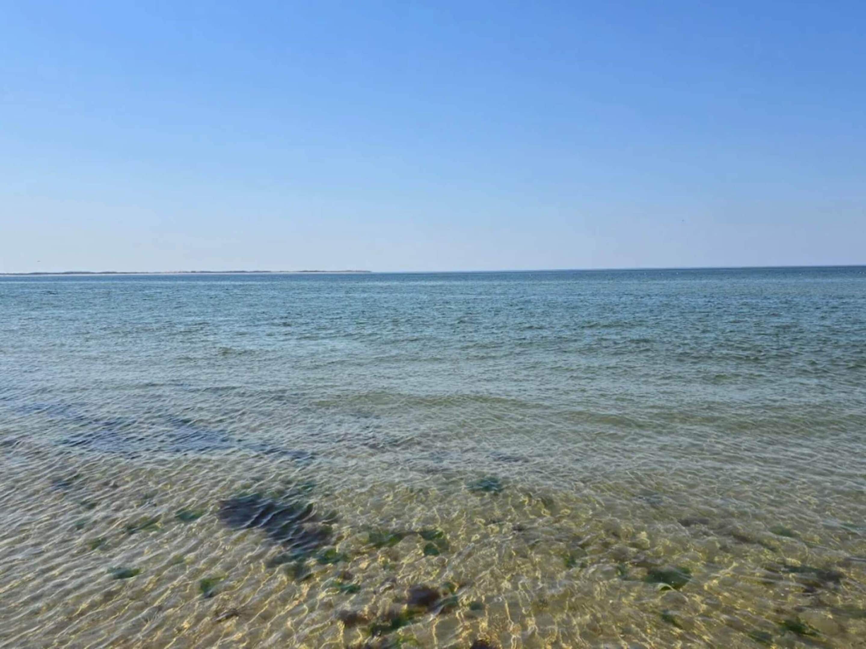 A clear view of a calm sea with a distant shoreline.