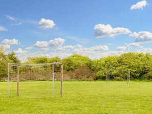 A soccer field with two goals and a clear blue sky.