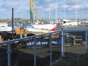 A marina with boats docked, a fishing net, and a sign for 'Sögård Fischereibetrieb Rönnau'.