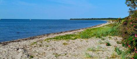 A sandy beach with a clear view of the sea and a distant shoreline.