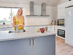 A modern kitchen with a large island, stainless steel appliances, and a view of the outdoors. - Pet Friendly Holiday Home in Bogense with Hot Tub (Bogense)
