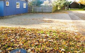 A residential area with a blue house, a paved driveway, and a leaf-covered lawn.