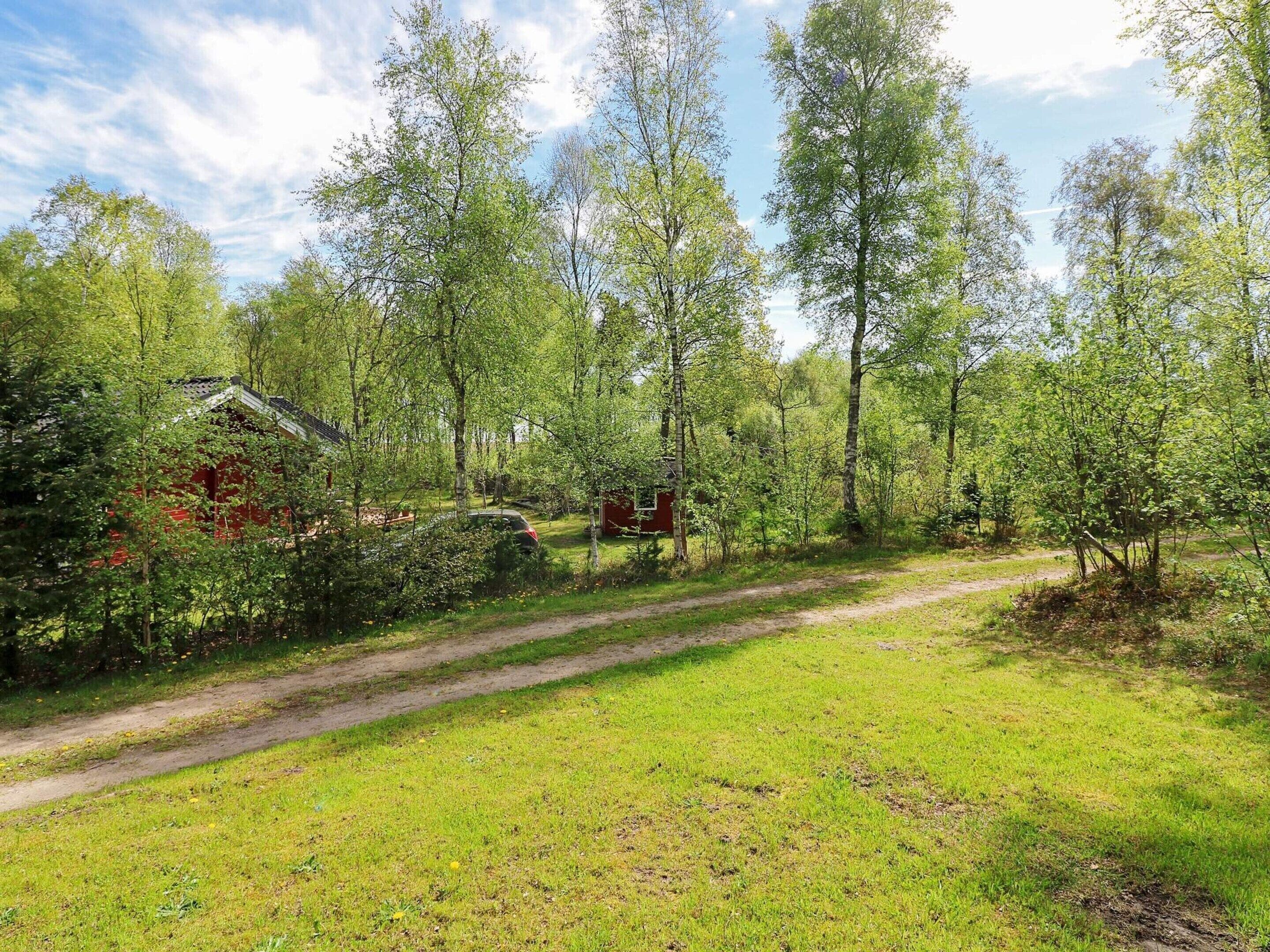 Ländliche Landschaft mit einem Feldweg, einem roten Gebäude und einem geparkten Auto in der Nähe.