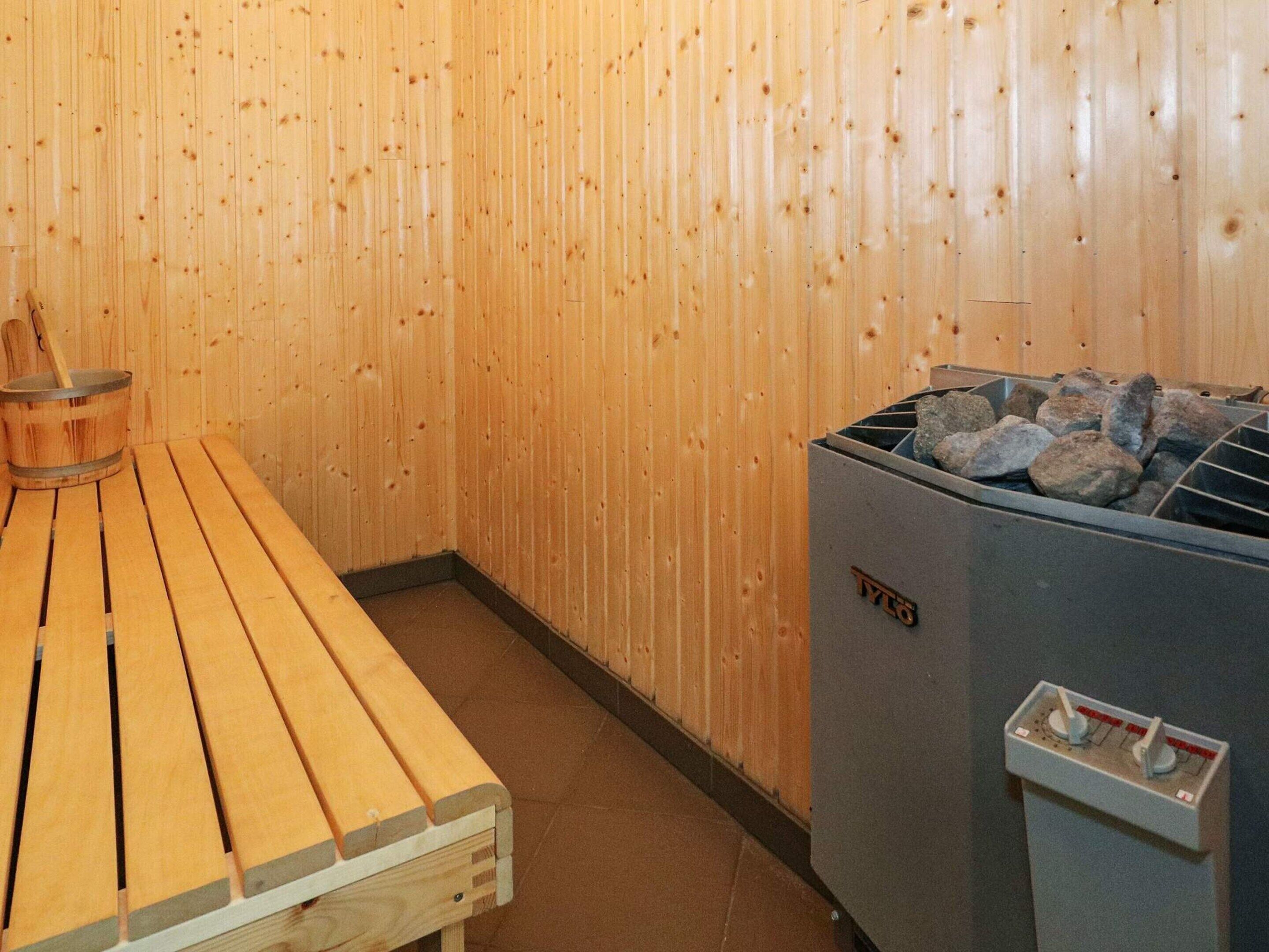 A sauna room with wooden benches and a stone-heated sauna.