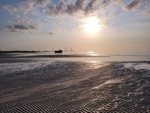 A beach with a boat and wind turbines in the distance.