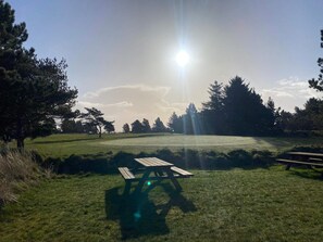 A grassy field with a picnic table and a golf course in the background. - 5 Star Holiday Home in Blavand (Blavand)