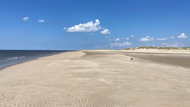 A wide sandy beach with gentle waves, a clear blue sky, and distant dunes. - 6 Person Holiday Home in Romo (Rømø)