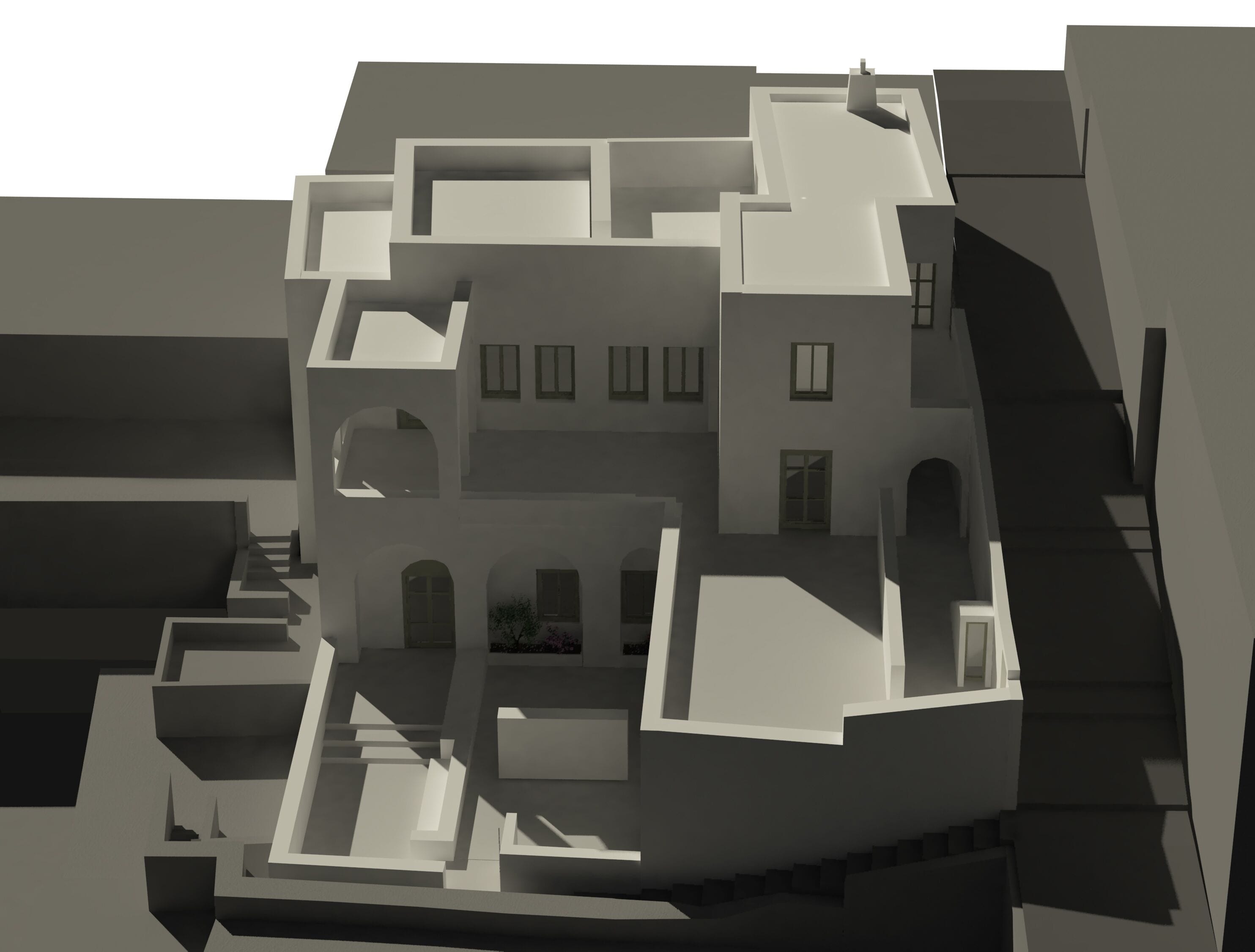 Une maquette architecturale en 3D représentant un bâtiment moderne à plusieurs niveaux, doté de balcons et d’une cour intérieure.