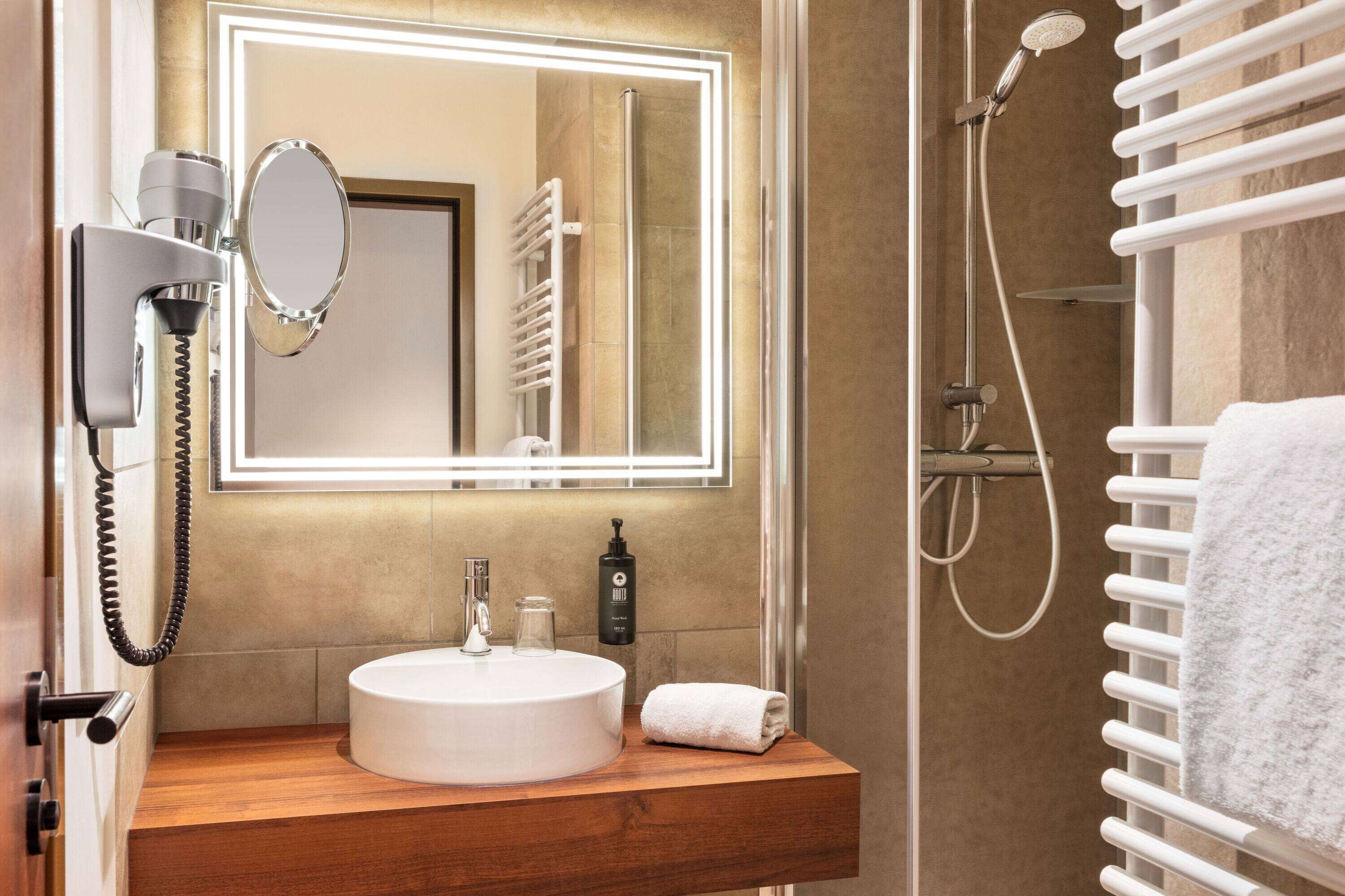 shower, rainfall showerhead, free toiletries, hair dryer