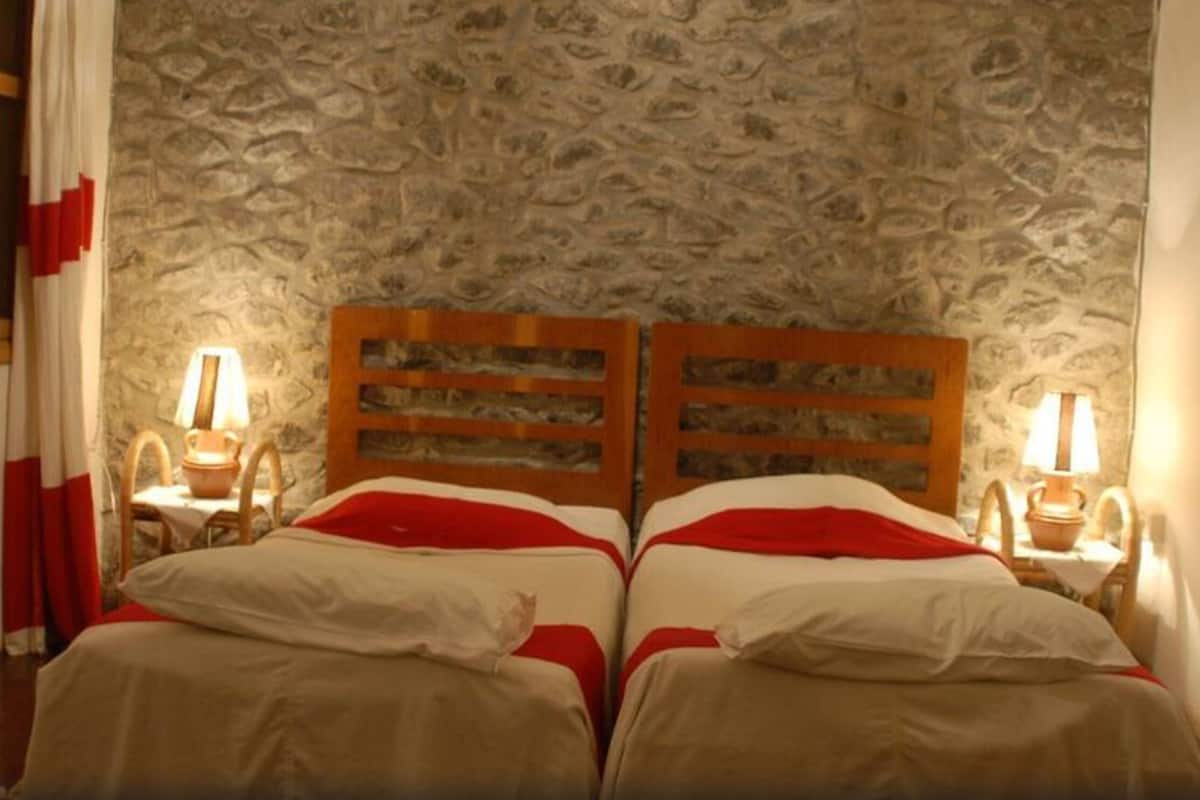 Habitació amb dos llits, paret de pedra, panell de capçalera de fusta i dues làmpades laterals.