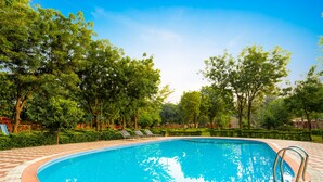 Una piscina con borde de baldosas, rodeada de árboles y un cielo despejado.