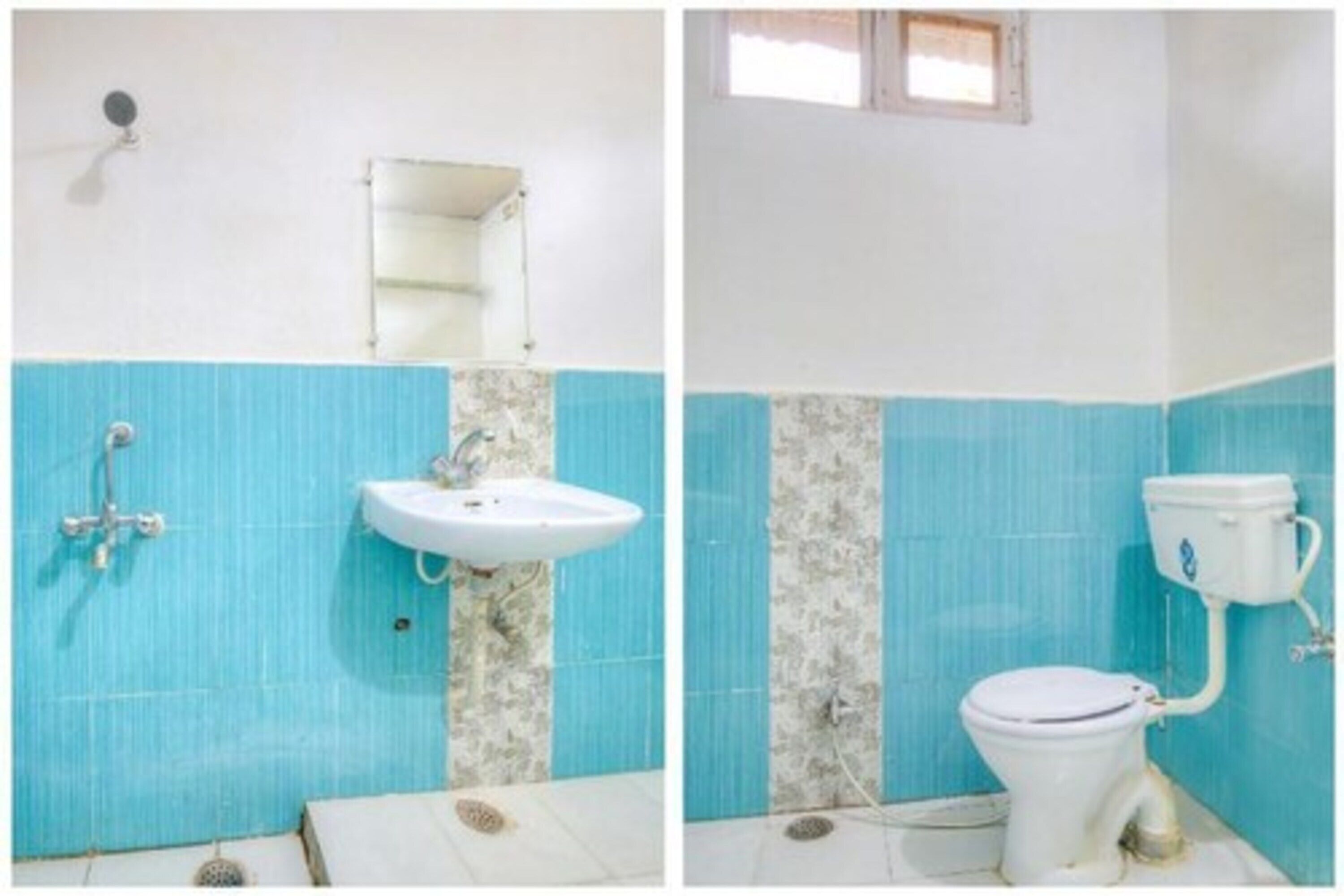 Une salle de bain avec des carreaux bleus et blancs, un lavabo, une douche et des toilettes.