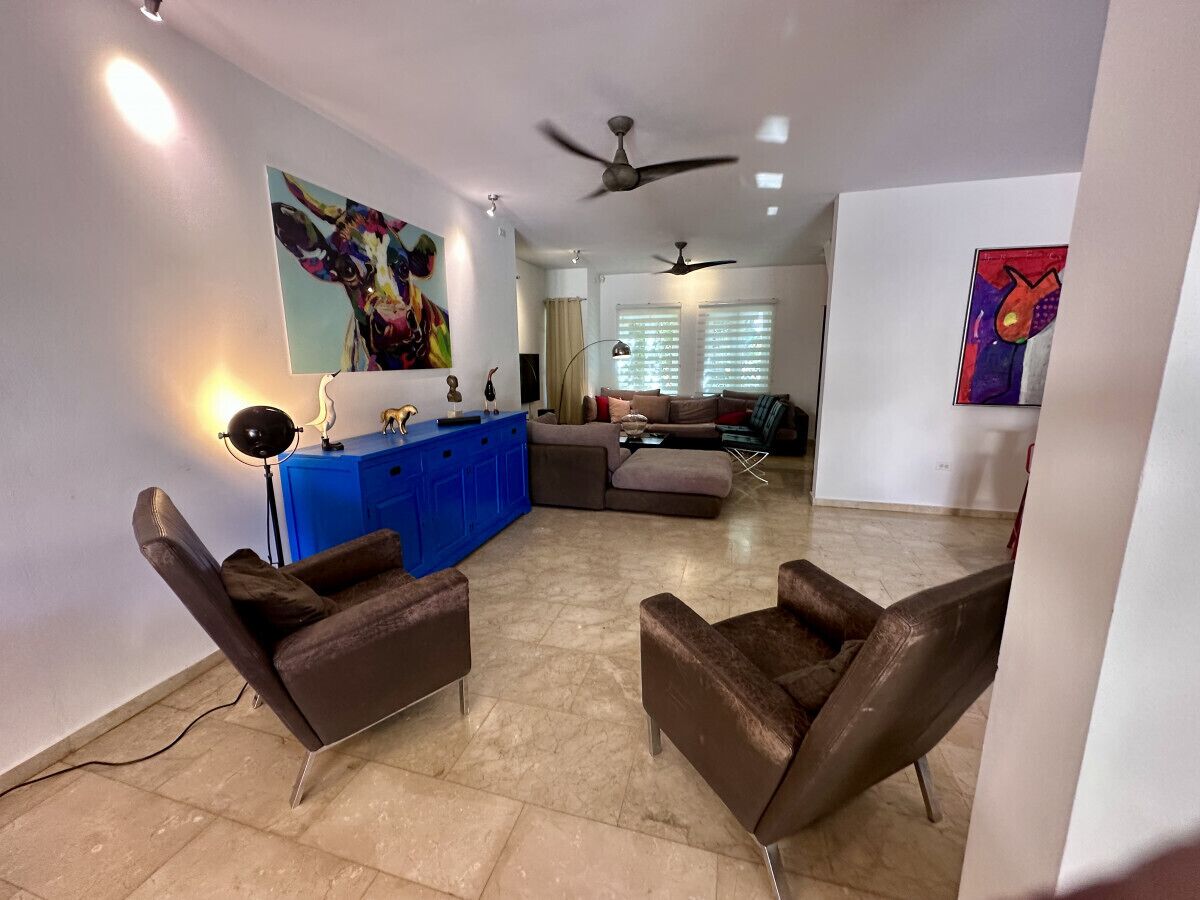 A spacious living area with a blue cabinet, two brown leather chairs, a ceiling fan, and a colorful abstract painting on the wall.