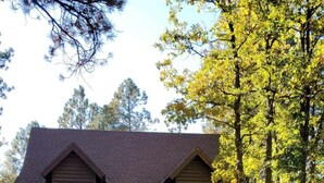 A log cabin with a gabled roof, a front porch with railings, and a small front door.