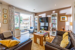 Smart TV, fireplace, DVD player, books