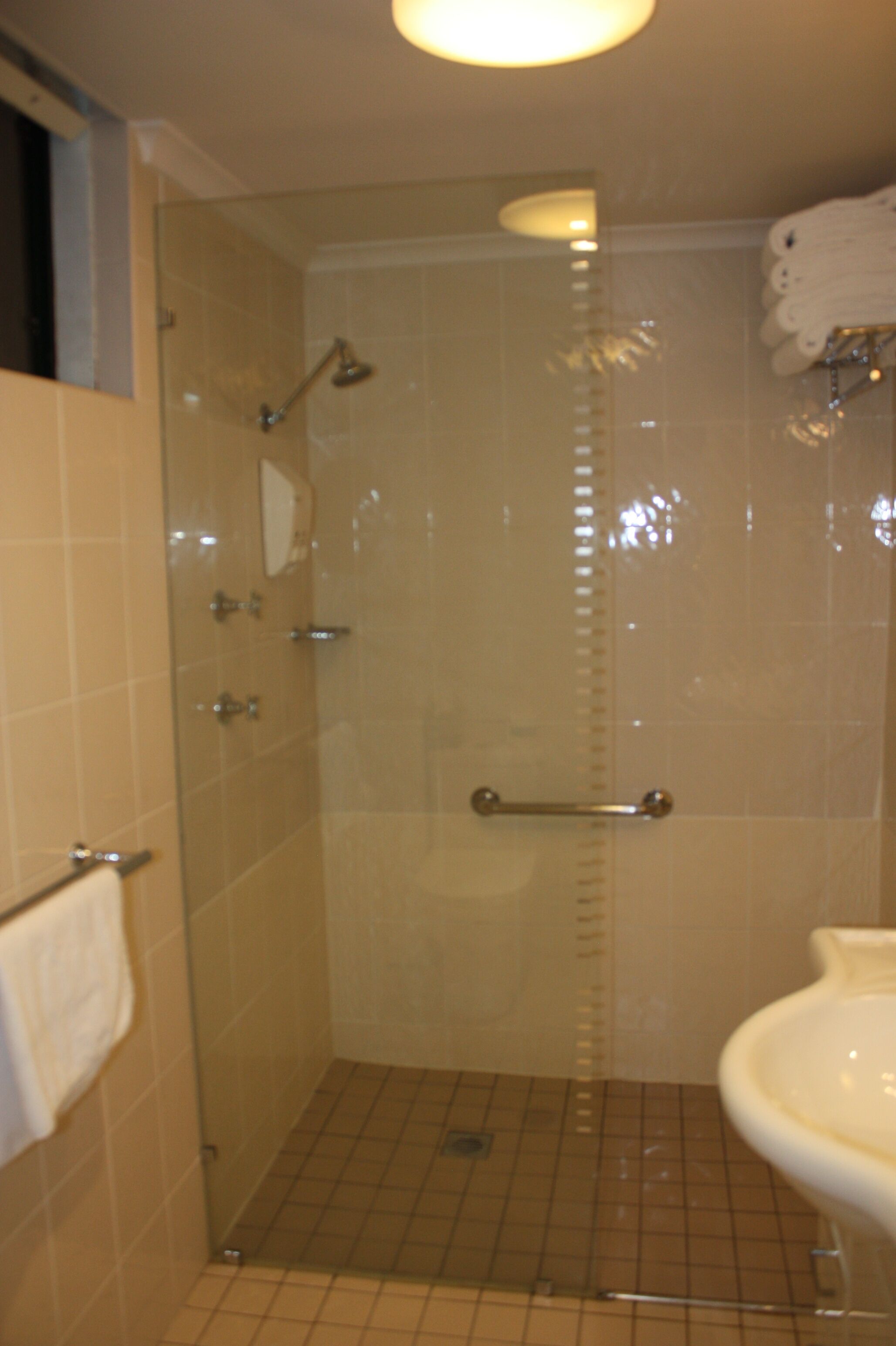 Un bagno con doccia vetro, lavandino bianco e porta asciugamani.
