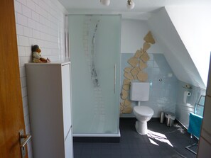 Shower, hair dryer, towels, soap