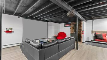 Smart TV, fireplace, foosball, table tennis