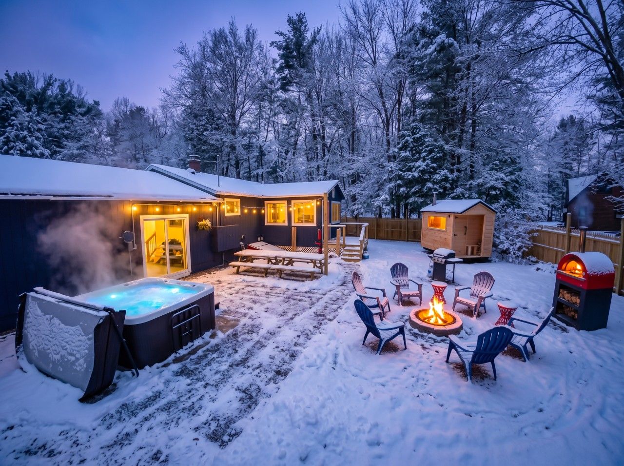 A snow-covered backyard with a hot tub, a fire pit, and outdoor seating.