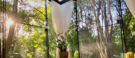 A spa area with a hot tub, large windows, and a view of trees.