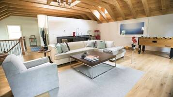 TV, fireplace, foosball, offices