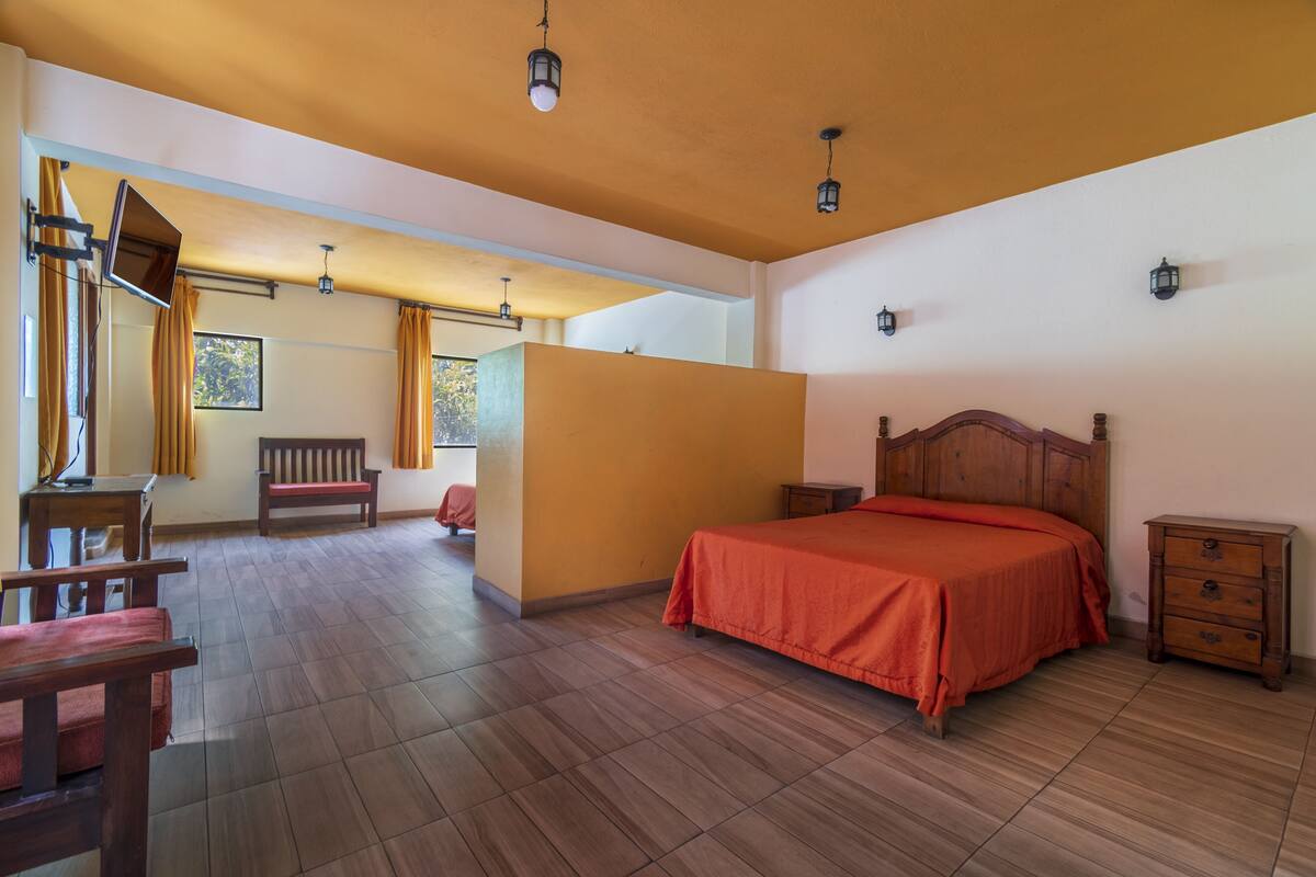 A spacious bedroom with a large bed, wooden furniture, and a view of the outdoors.