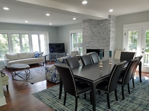 Smart TV, fireplace, video games, DVD player