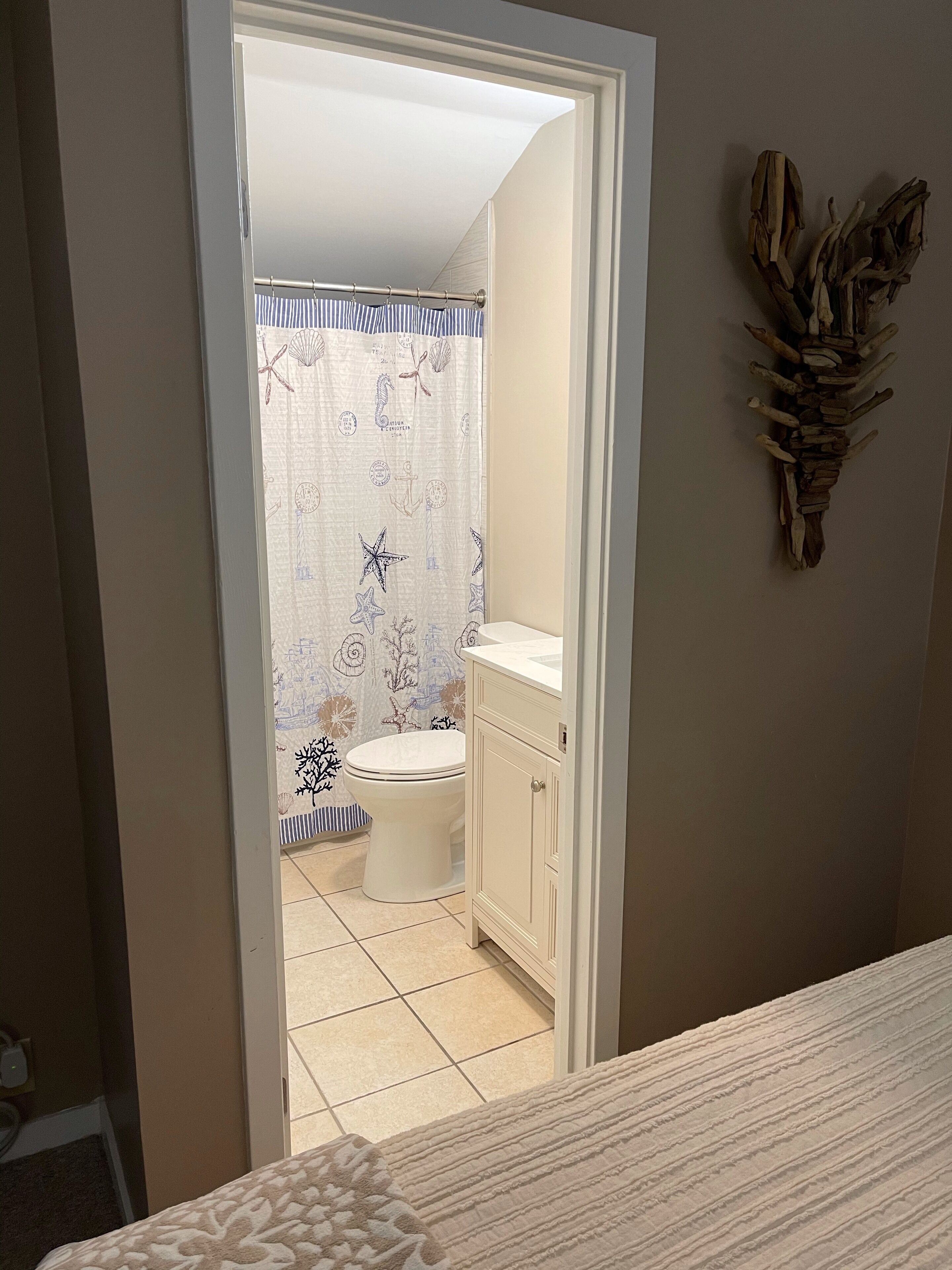 A bathroom with a toilet, a cabinet, and a shower curtain with a nautical theme.