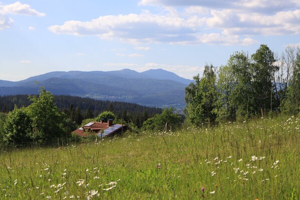 Un paysage rural avec une maison située sur une colline, entourée de verdure et avec des montagnes en arrière-plan.