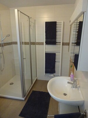 Dusche, Haartrockner, Handtücher, Toilettenpapier