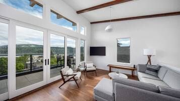 Tv, eldstad och en stereo