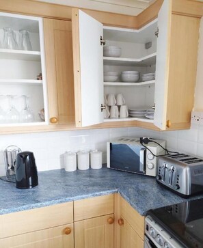 Kjøleskap, ovn, kokeplater og vannkoker