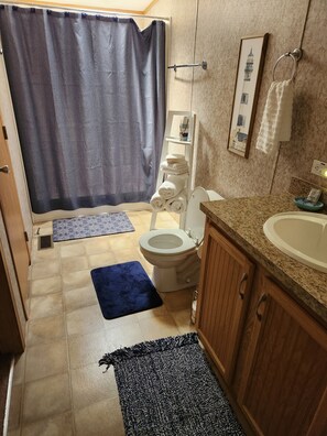 Combined shower/tub, hair dryer, towels, soap