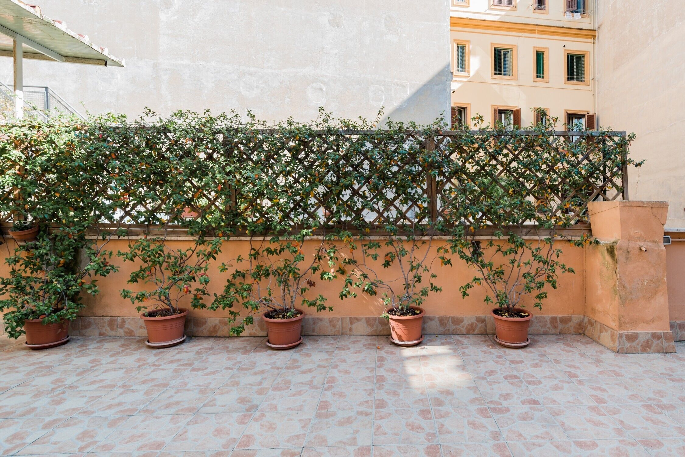 Un balcon avec une balustrade en treillis et des plantes en pot.