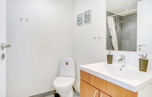 A bathroom with a white toilet, a sink with a mirror, and a shower area.