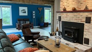 Smart TV, fireplace, DVD player, books