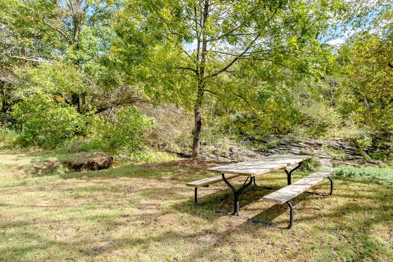 Una mesa de picnic en un área boscosa con césped y árboles.