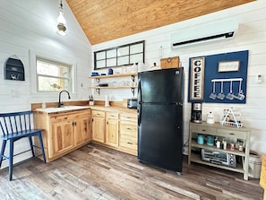 Fridge, microwave, coffee/tea maker, toaster